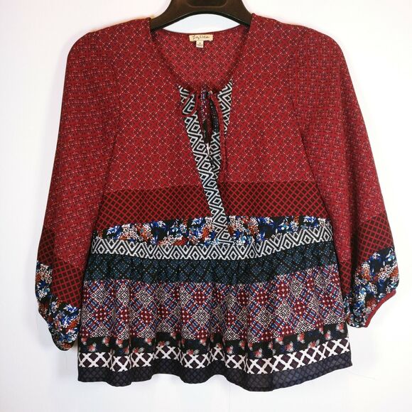 Womens Lily White Deep Plunging neckline Blouse long sleeve Medium tie front - Picture 1 of 4